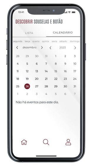 Ecrã Calendário da App Descobrir Souselas e Botão