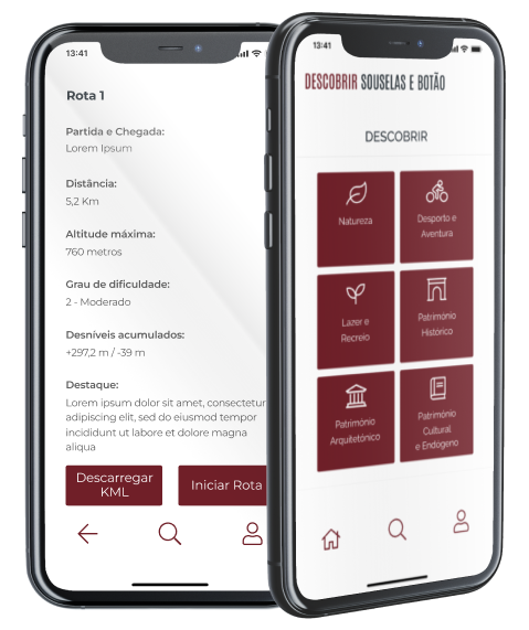 Ecrãs do Mapa e do Descobrir da App Descobrir Souselas e Botão