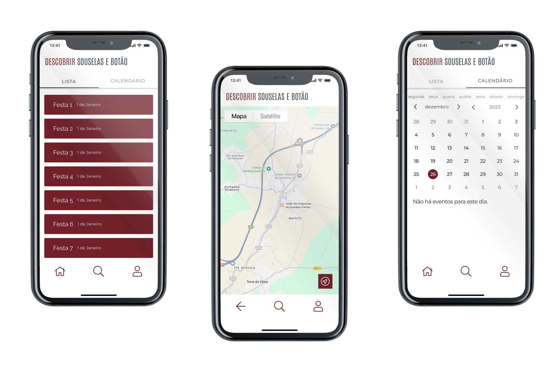 Ecrã Eventos, Mapa e Calendário da App Descobrir Souselas e Botão