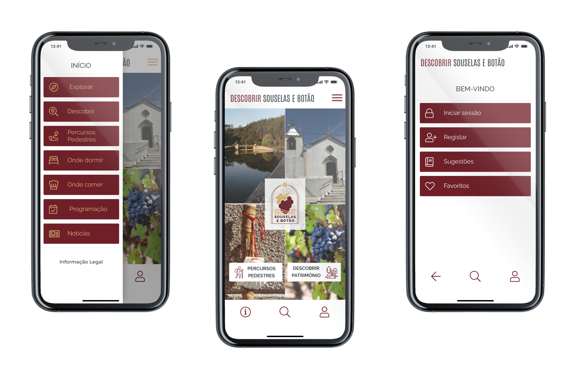 Ecrã Home, Menu e Bem-vindo da App Descobrir Souselas e Botão