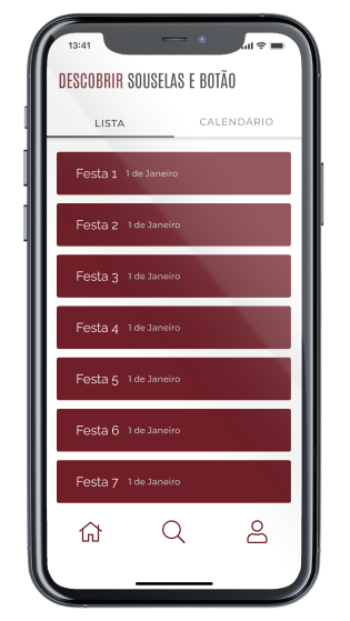 Ecrã Eventos da App Descobrir Souselas e Botão