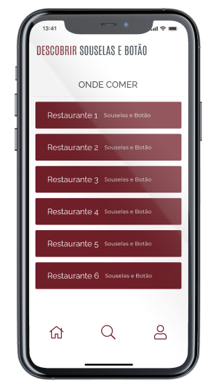 Ecrã Sugestões onde comer da App Descobrir Souselas e Botão
