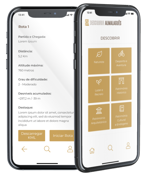 Ecrãs do Mapa e do Descobrir da App Almalaguês