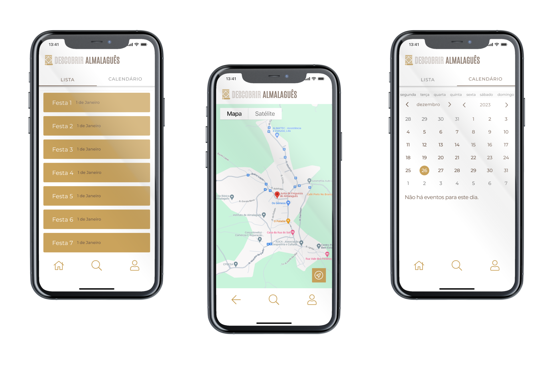 Ecrã Eventos, Mapa e Calendário da App Descobrir Almalaguês