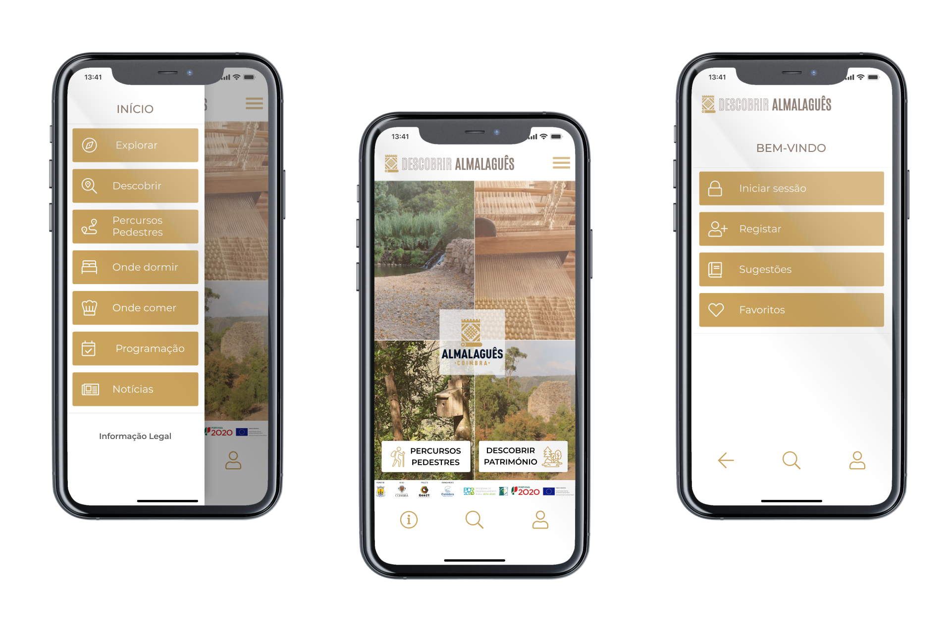 Ecrã Home, Menu e Bem-vindo da App Descobrir Almalaguês