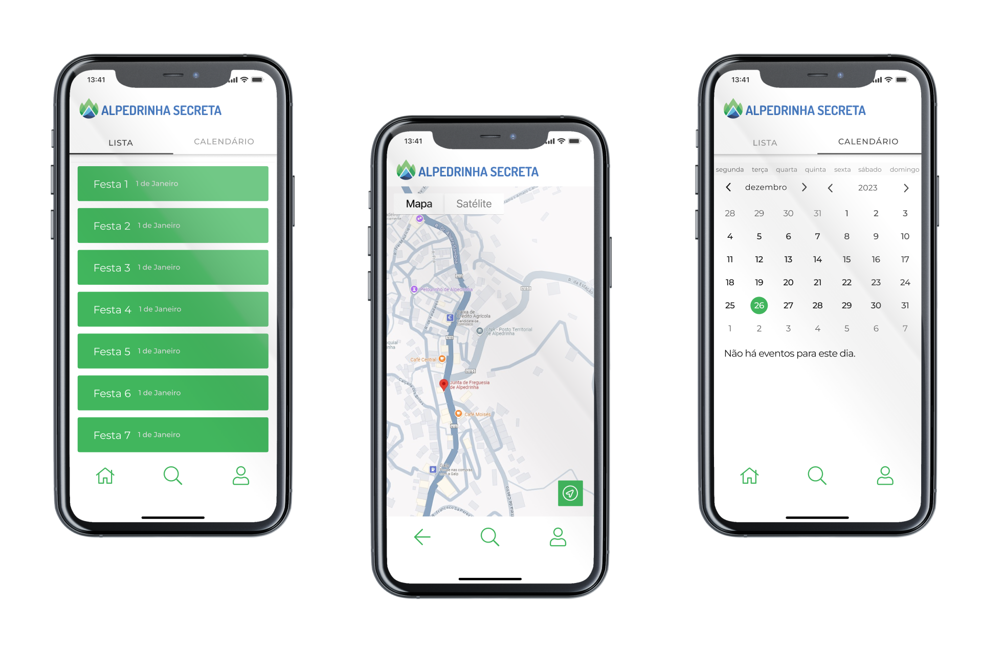 Ecrã Eventos, Mapa e Calendário da App Alpedrinha Secreta