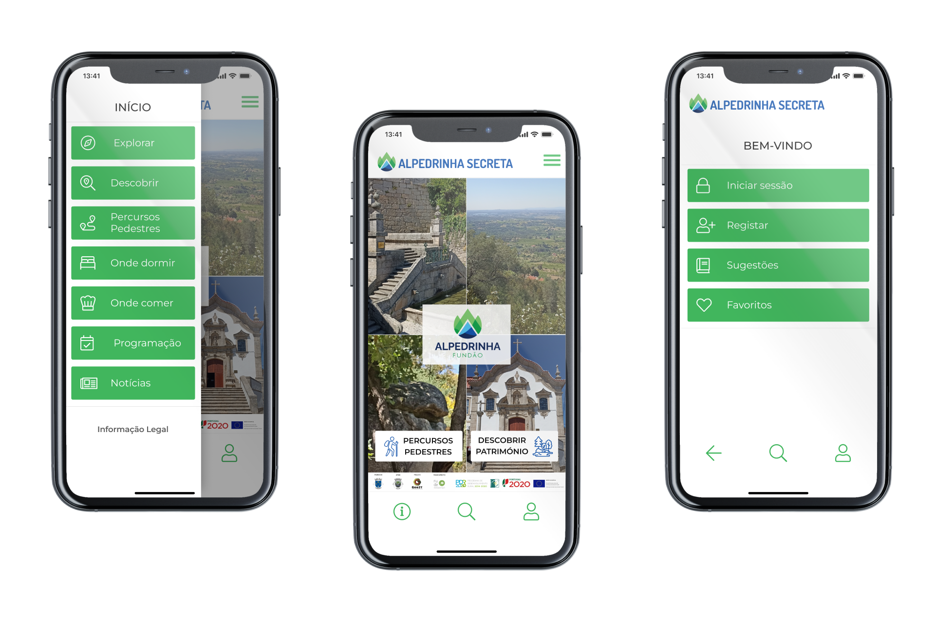 Ecrã Home, Menu e Bem-vindo da App Alpedrinha Secreta
