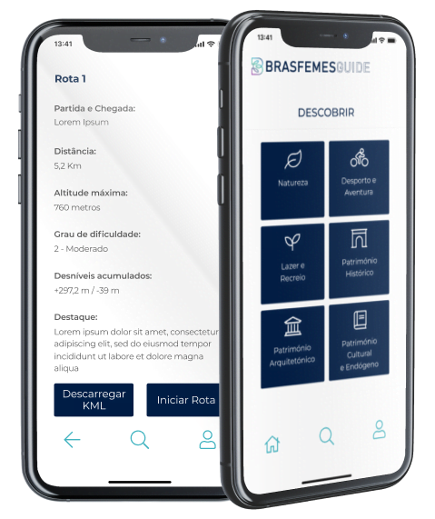 Ecrãs do Mapa e do Descobrir da App Brasfemes Guide
