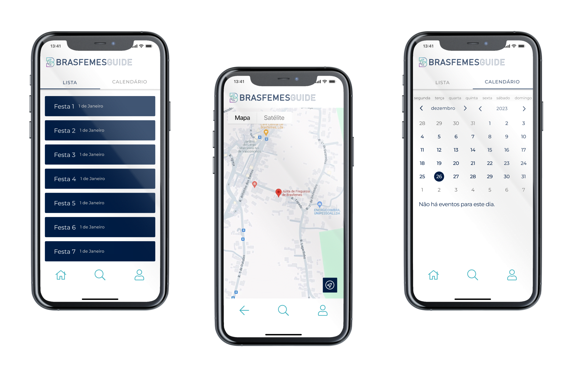 Ecrã Eventos, Mapa e Calendário da App Descobrir Brasfemes