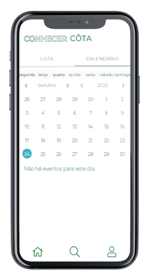 Mockup do ecrã do calendário de eventos da App Conhecer Côta