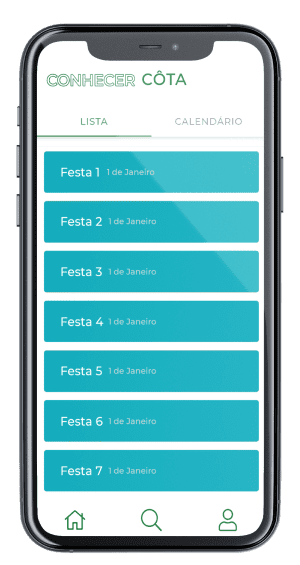 Mockup do ecrã da lista de eventos da App Conhecer Côta