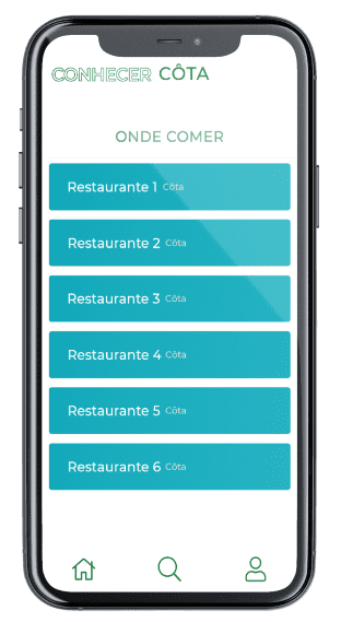 Mockup do ecrã de lista de restaurantes onde comer em Côta da App Conhecer Côta