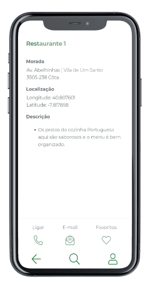 Mockup do ecrã individual de um restaurante da App Conhecer Côta