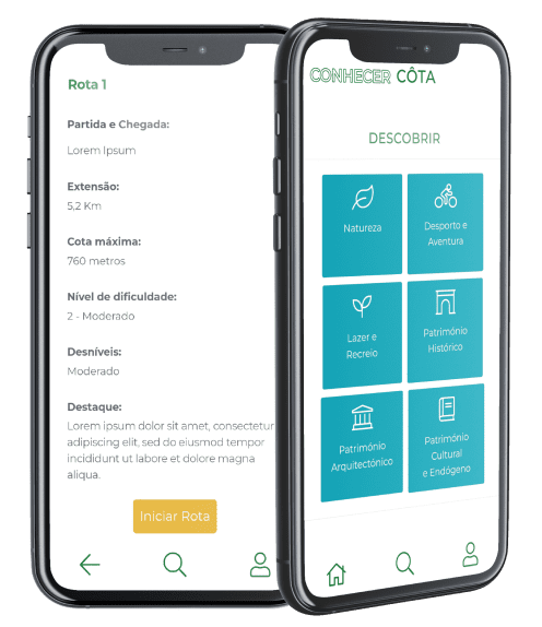 Mockup do menu descobrir e da rota da App Conhecer Côta