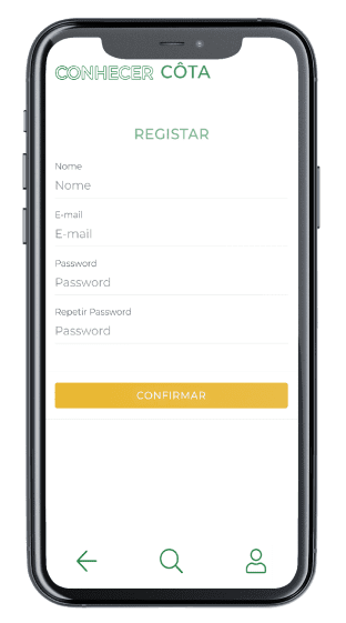 Mockup do ecrã de registo da App Conhecer Côta