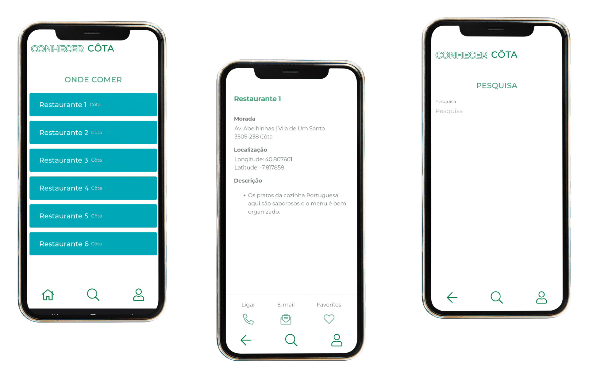 Mockups dos ecrãs de restaurantes e pesquisa da App Conhecer Côta