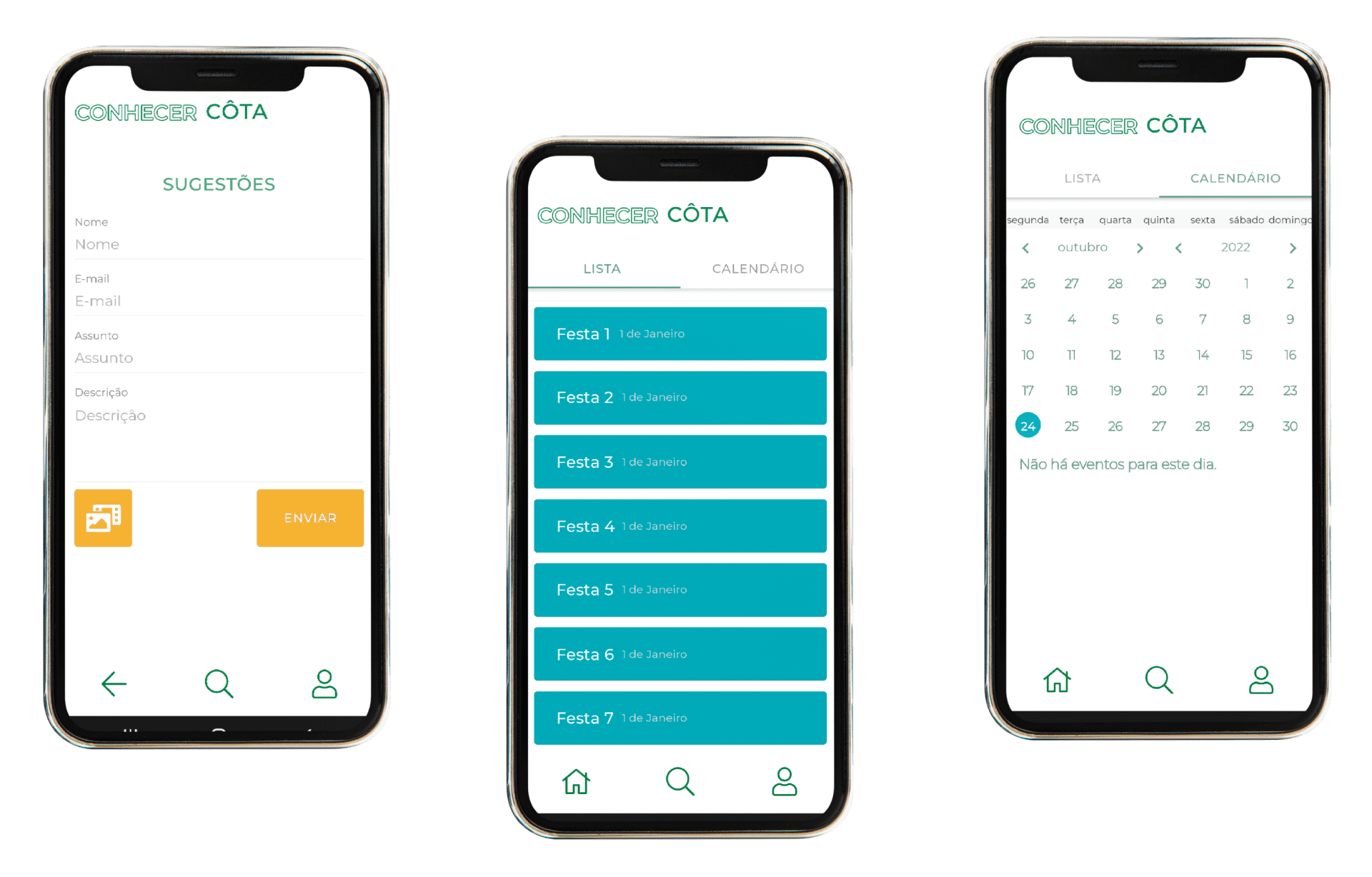 Mockups dos ecrãs de sugestões, lista de eventos e calendário da App Conhecer Côta