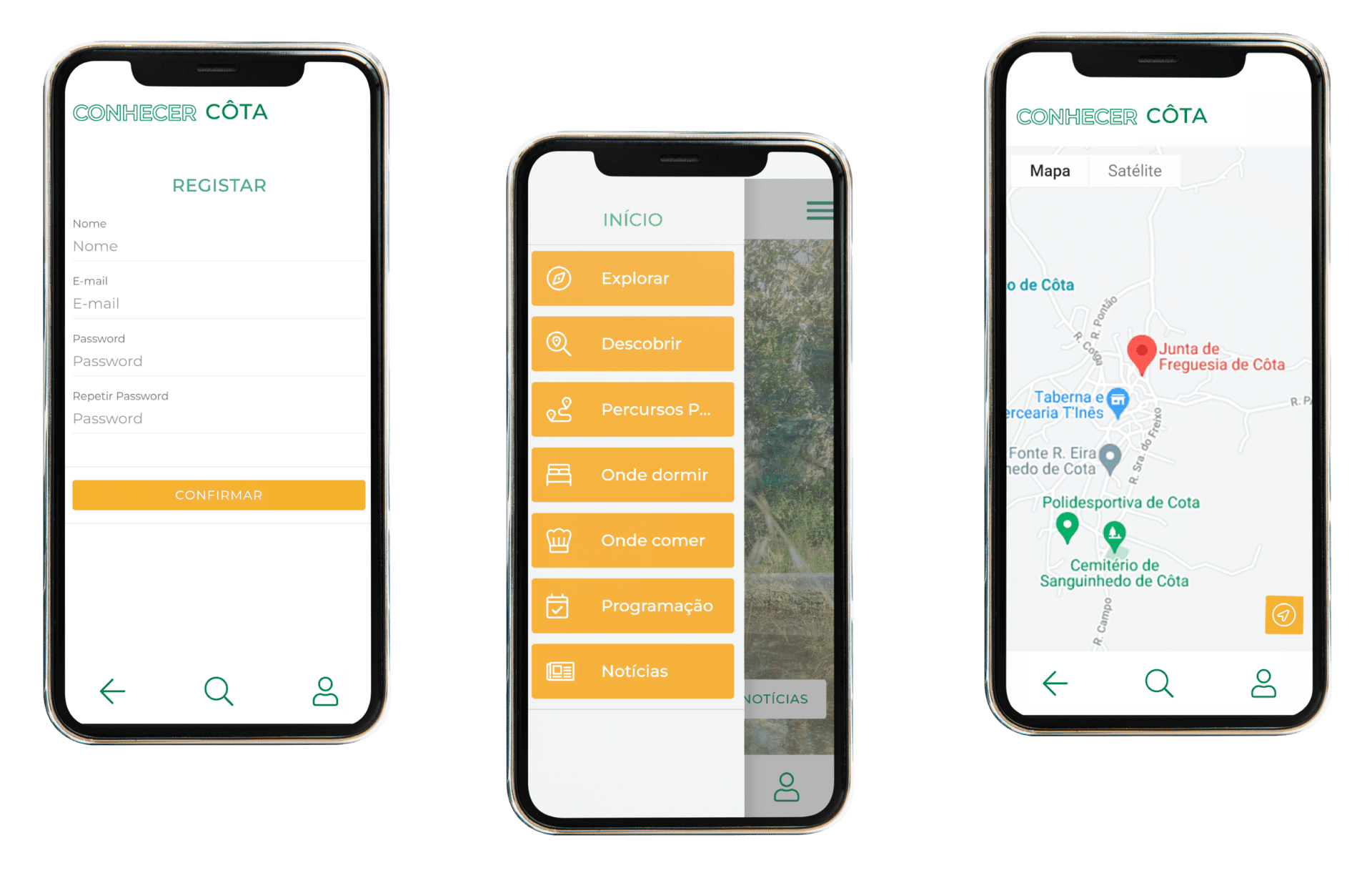 Mockups dos ecrãs de registo, menu e mapa da App Conhecer Côta