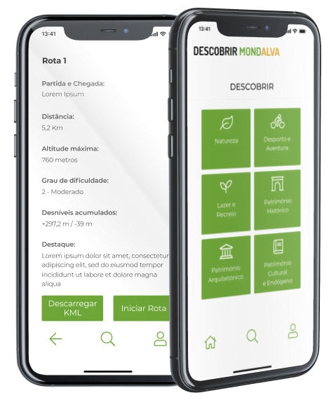 Ecrãs do Mapa e do Descobrir da App Descobrir Mondalva