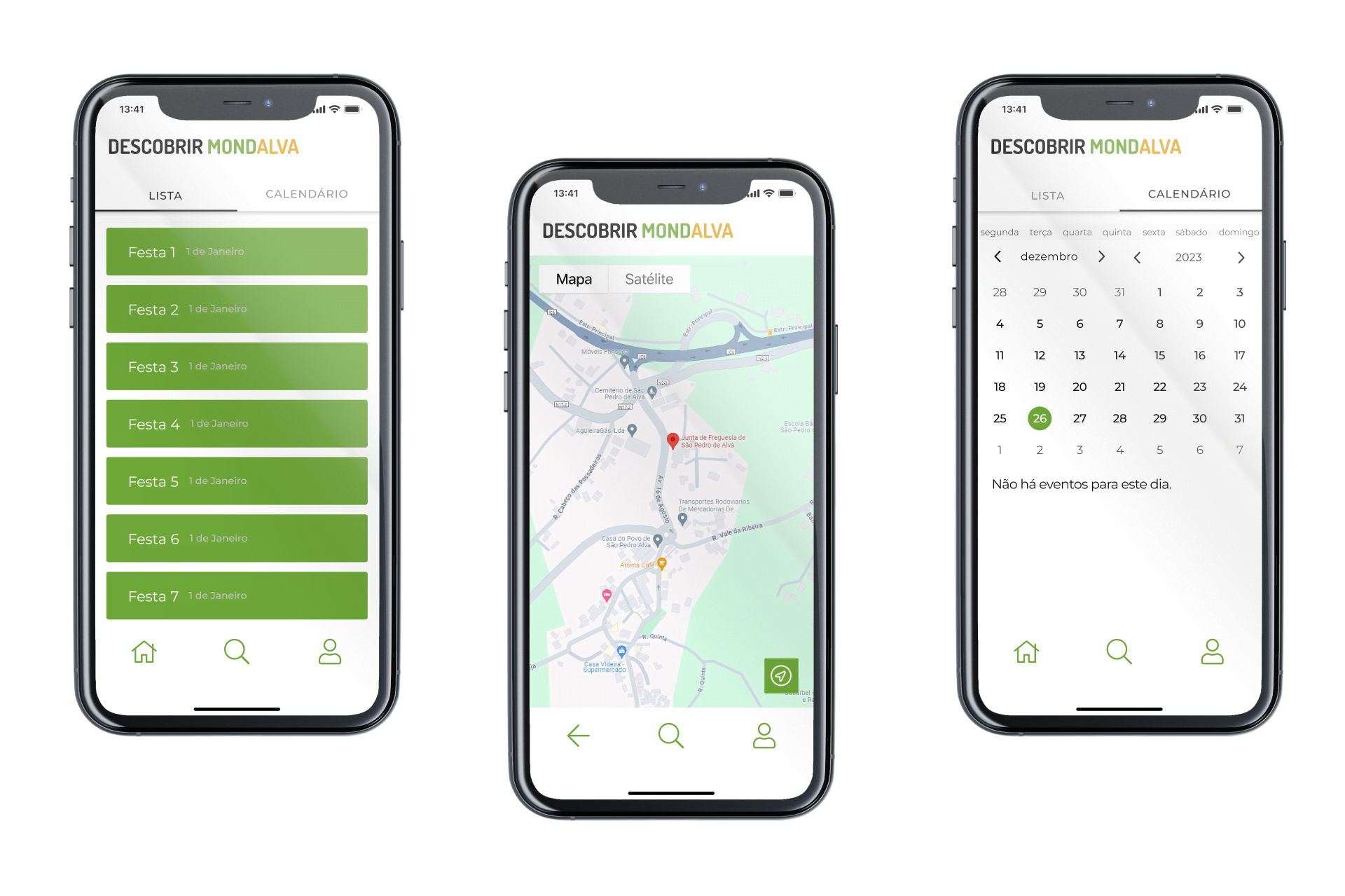 Ecrã Eventos, Mapa e Calendário da App Descobrir Mondalva