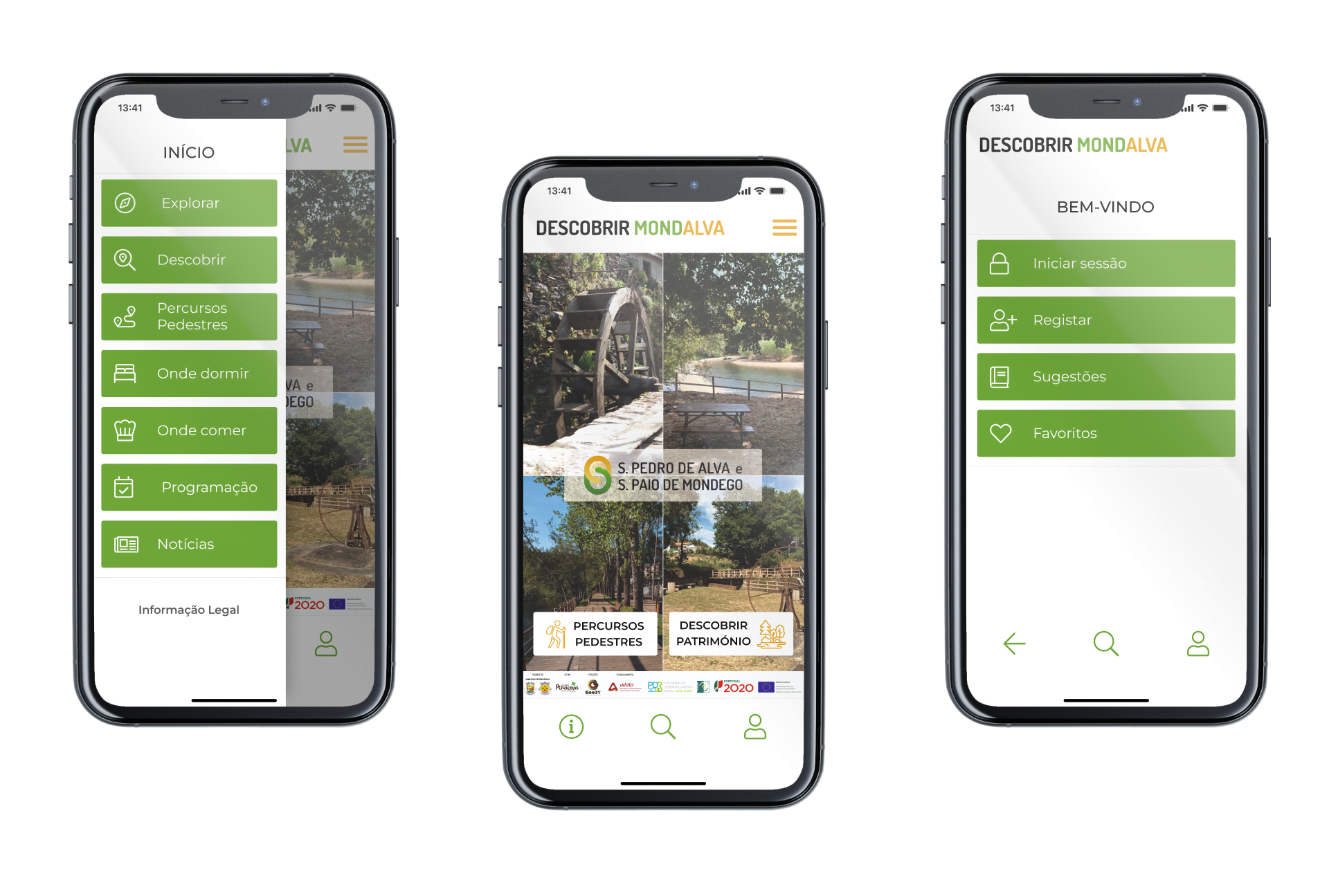 Ecrã Home, Menu e Bem-vindo da App Descobrir Mondalva