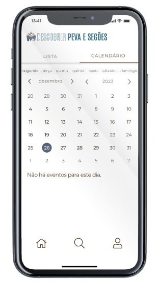 Ecrã Calendário da App Descobrir Peva e Segões