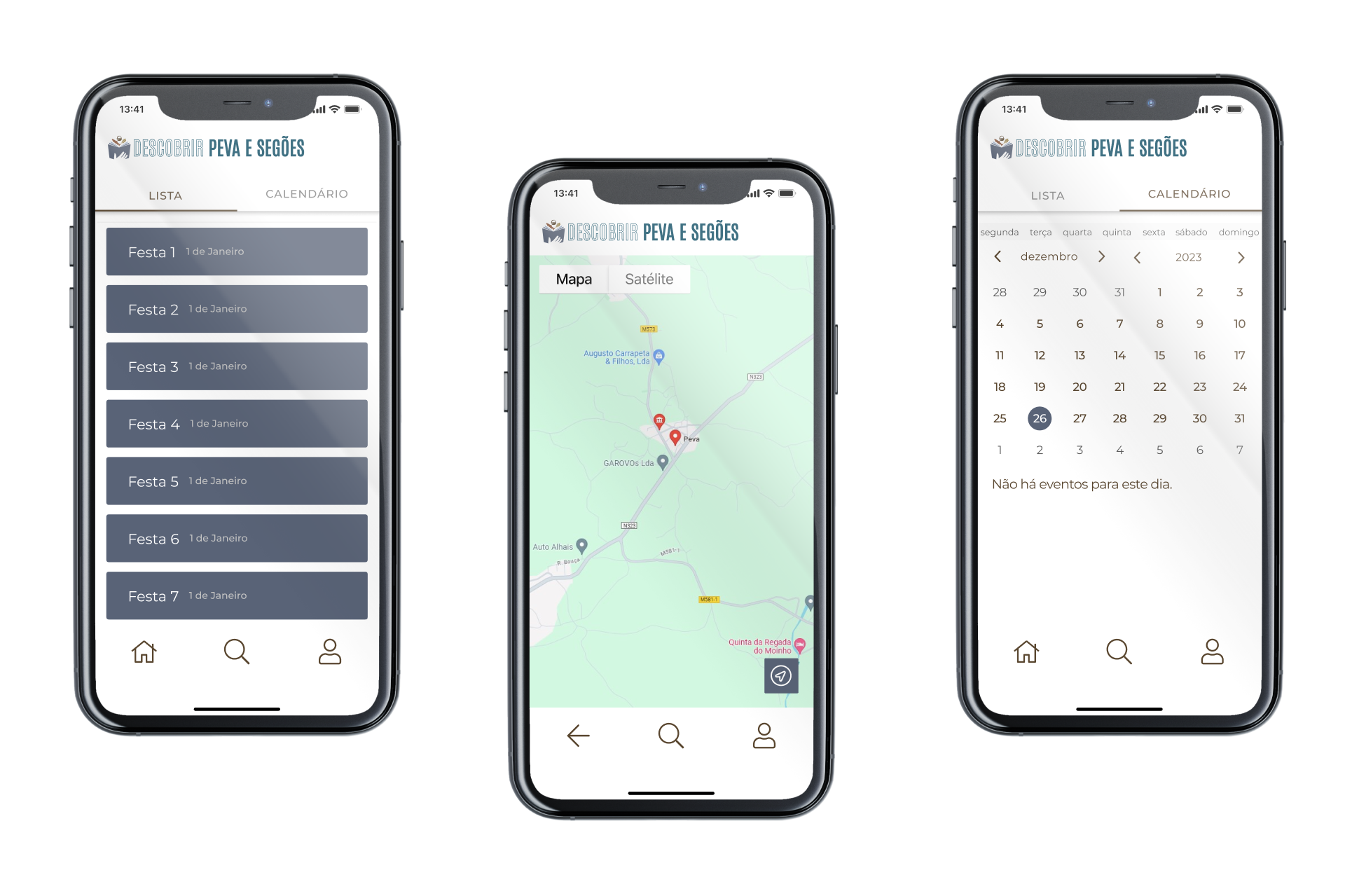 Ecrã Eventos, Mapa e Calendário da App Descobrir Peva e Segões