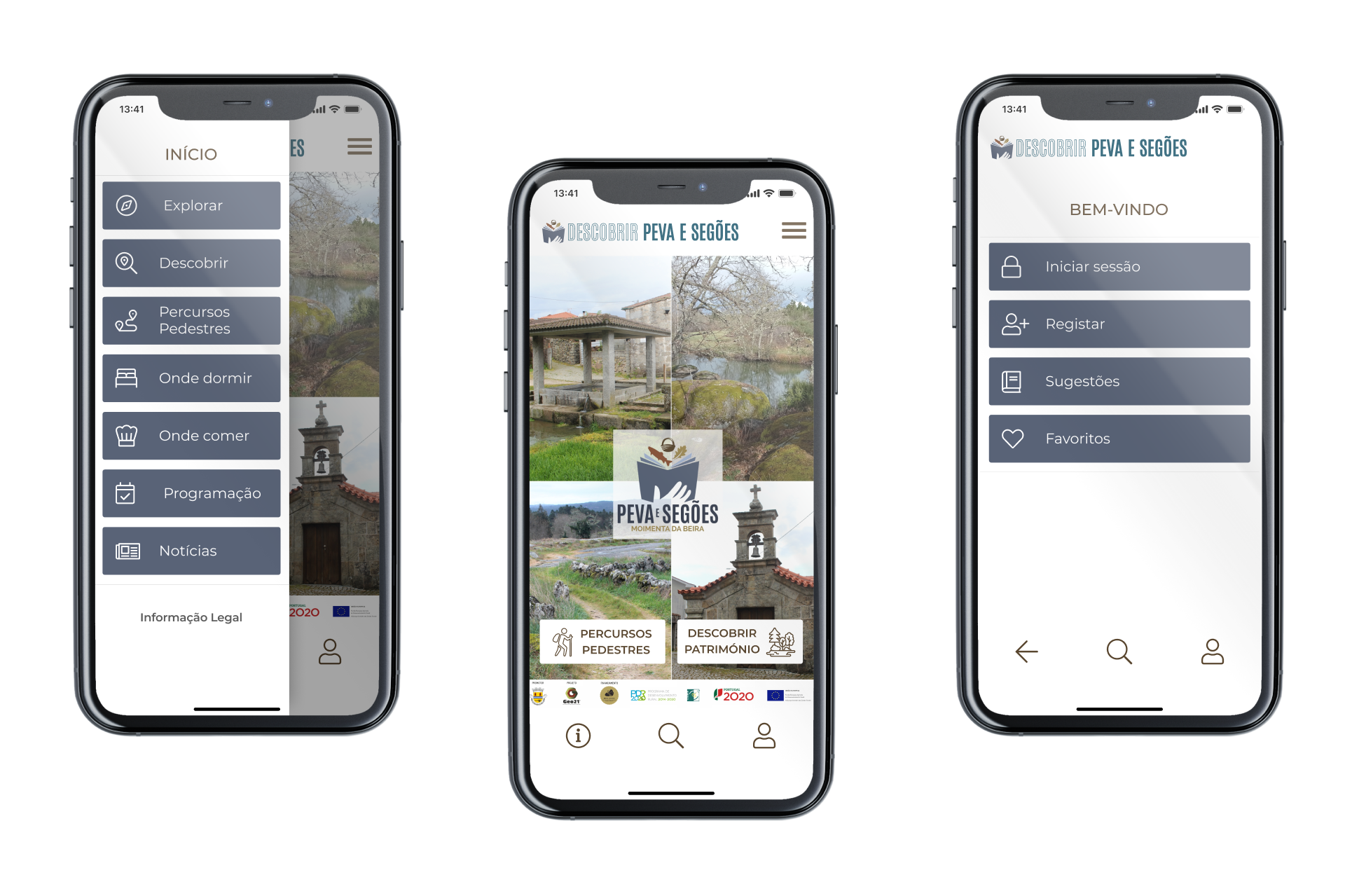 Ecrã Home, Menu e Bem-vindo da App Descobrir Peva e Segões
