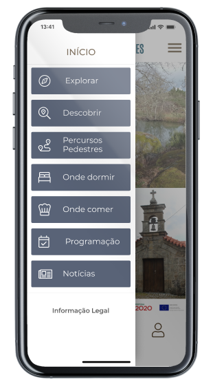 Ecrã menu da App Descobrir Peva e Segões
