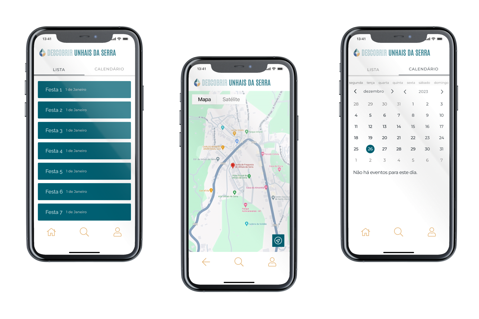 Ecrã Eventos, Mapa e Calendário da App Descobrir Unhais da Serra
