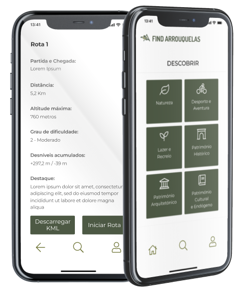 Ecrãs do Mapa e do Descobrir da App Find Arrouquelas