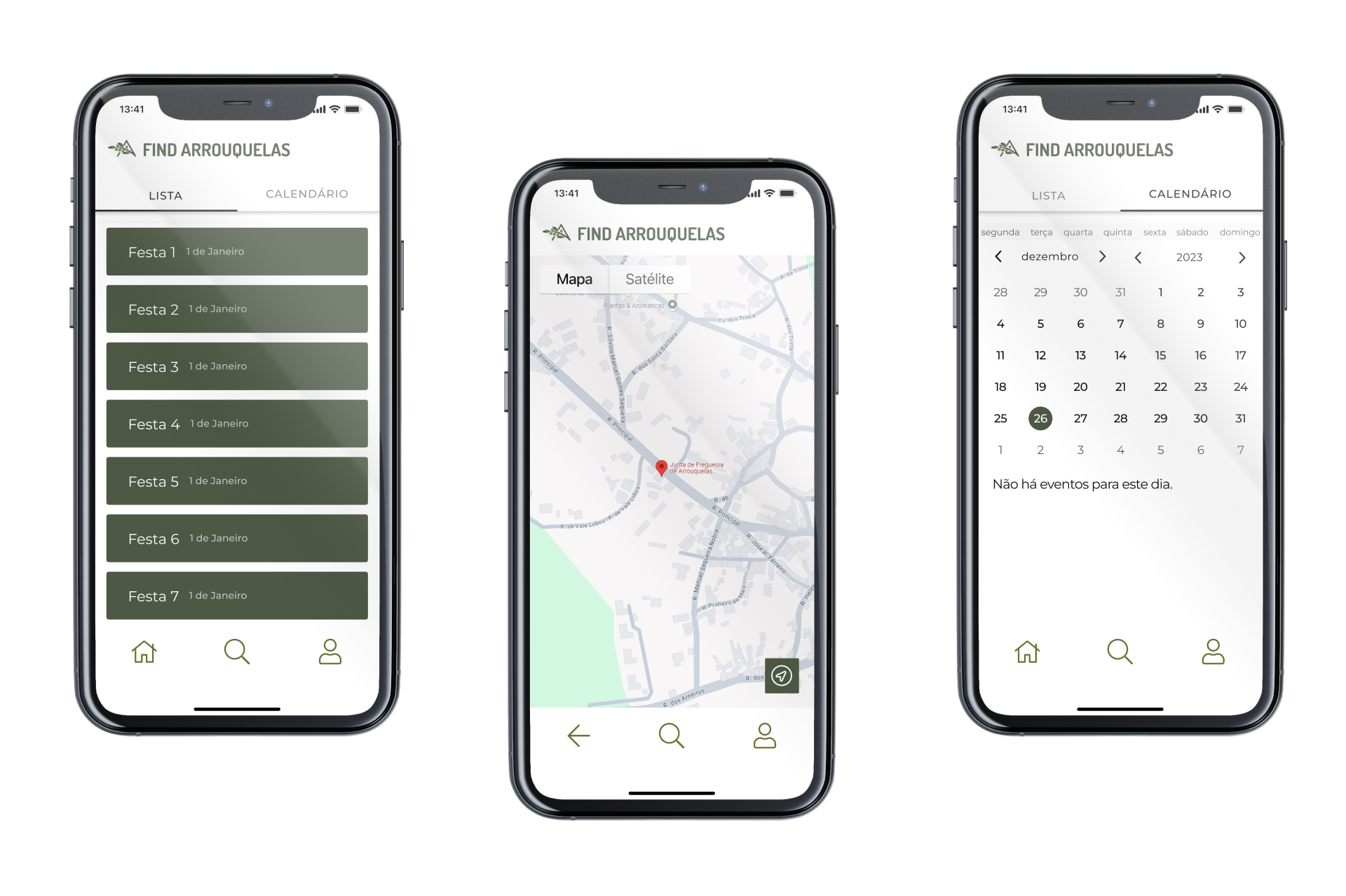 Ecrã Eventos, Mapa e Calendário da App Find Arrouquelas