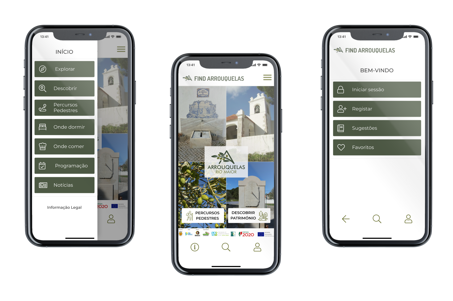 Ecrã Home, Menu e Bem-vindo da App Find Arrouquelas