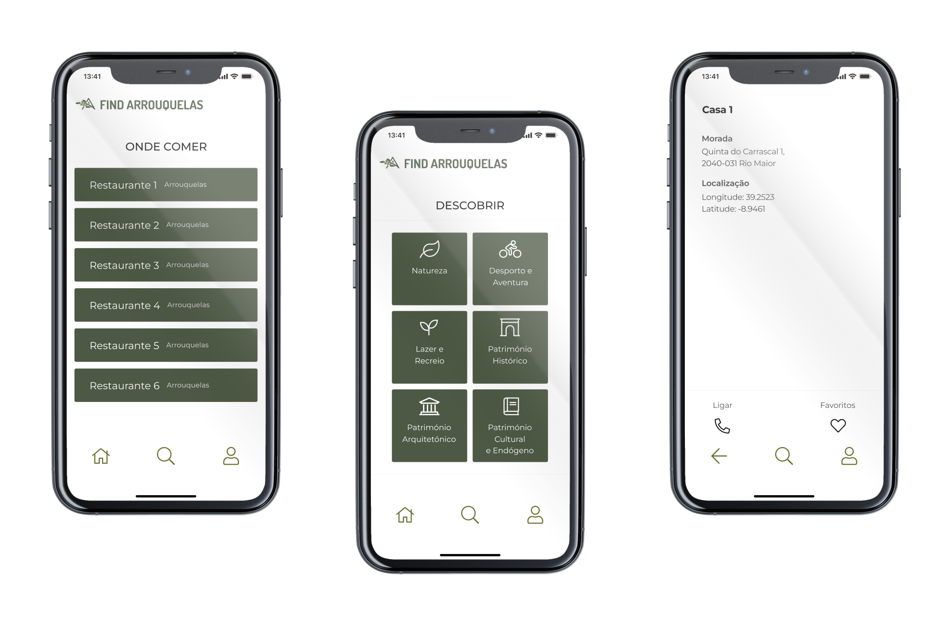 Ecrã Onde Comer, Descobrir e Onde Ficar da App Find Arrouquelas