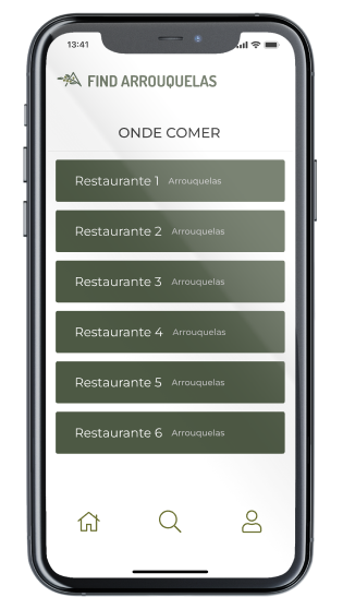 Ecrã Sugestões onde comer da App Find Arrouquelas