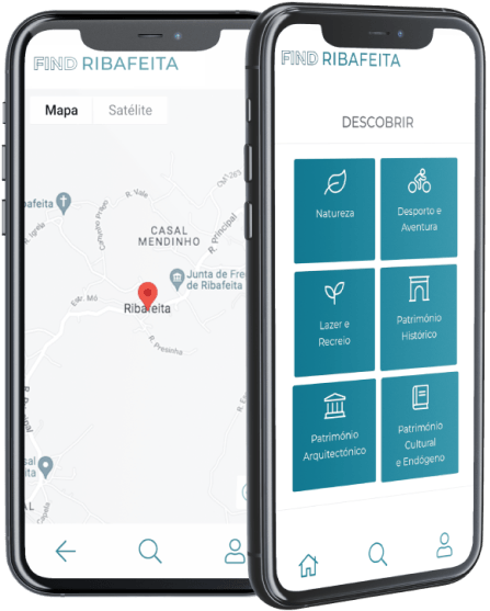 Ecrãs do Mapa e do Descobrir da App Find Ribafeita