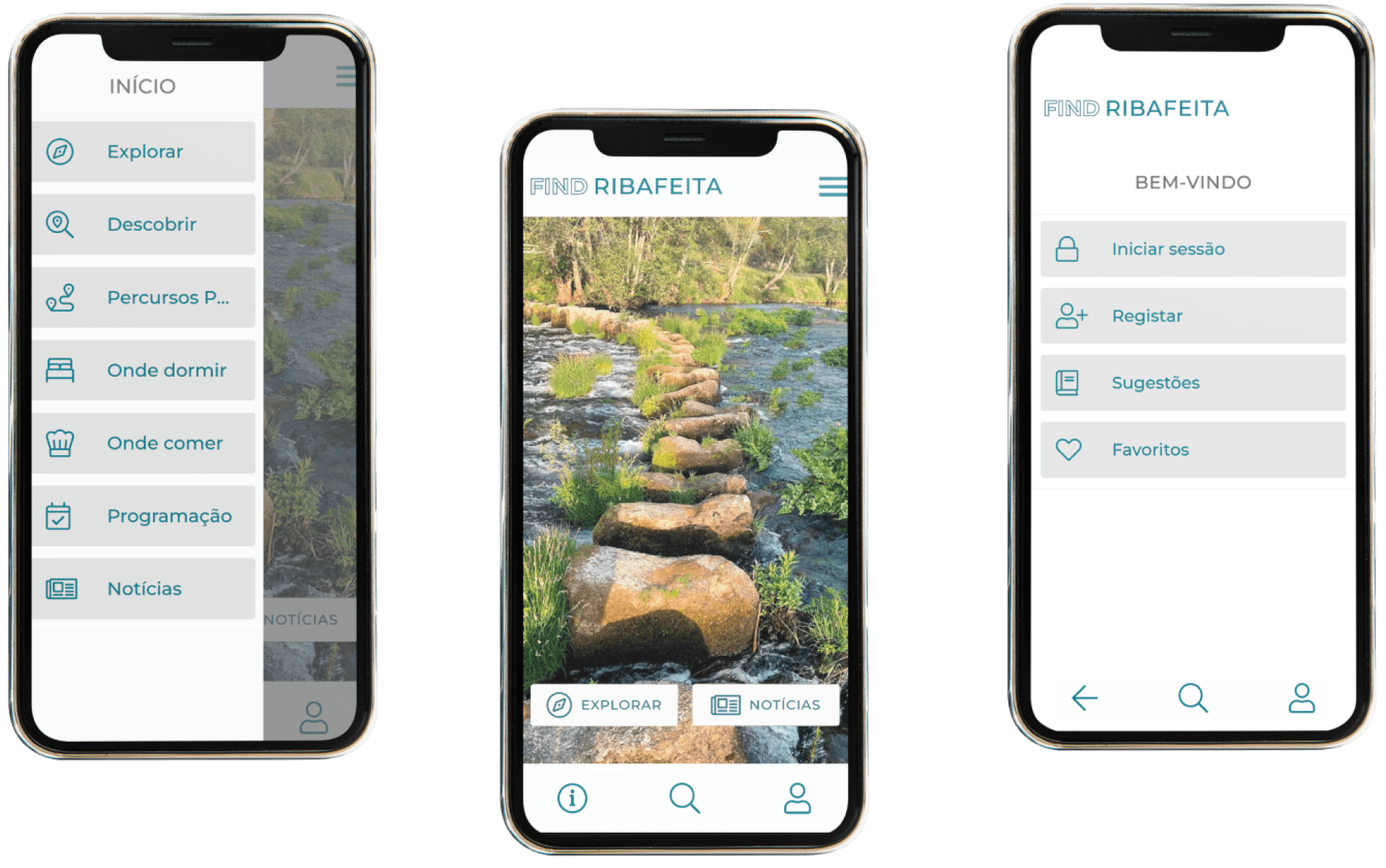 Ecrã Home, Menu e Bem-vindo da App Find Ribafeita