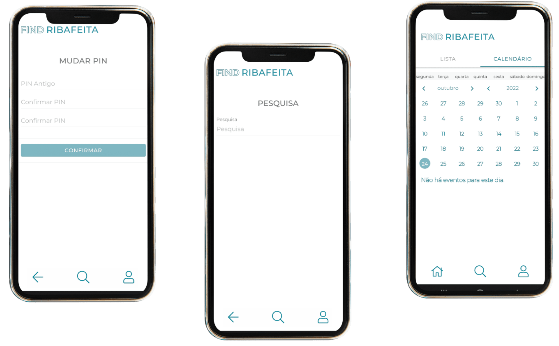 Ecrã Mudar Pin, Pesquisa e Calendário da App Find Ribafeita