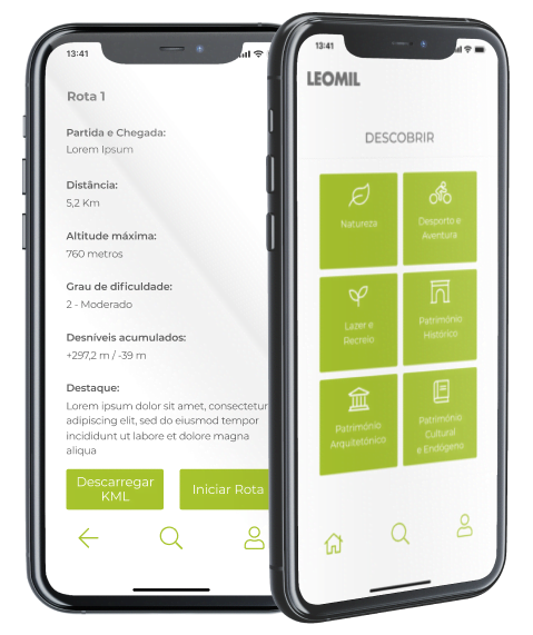 Ecrãs do Mapa e do Descobrir da App Leomil