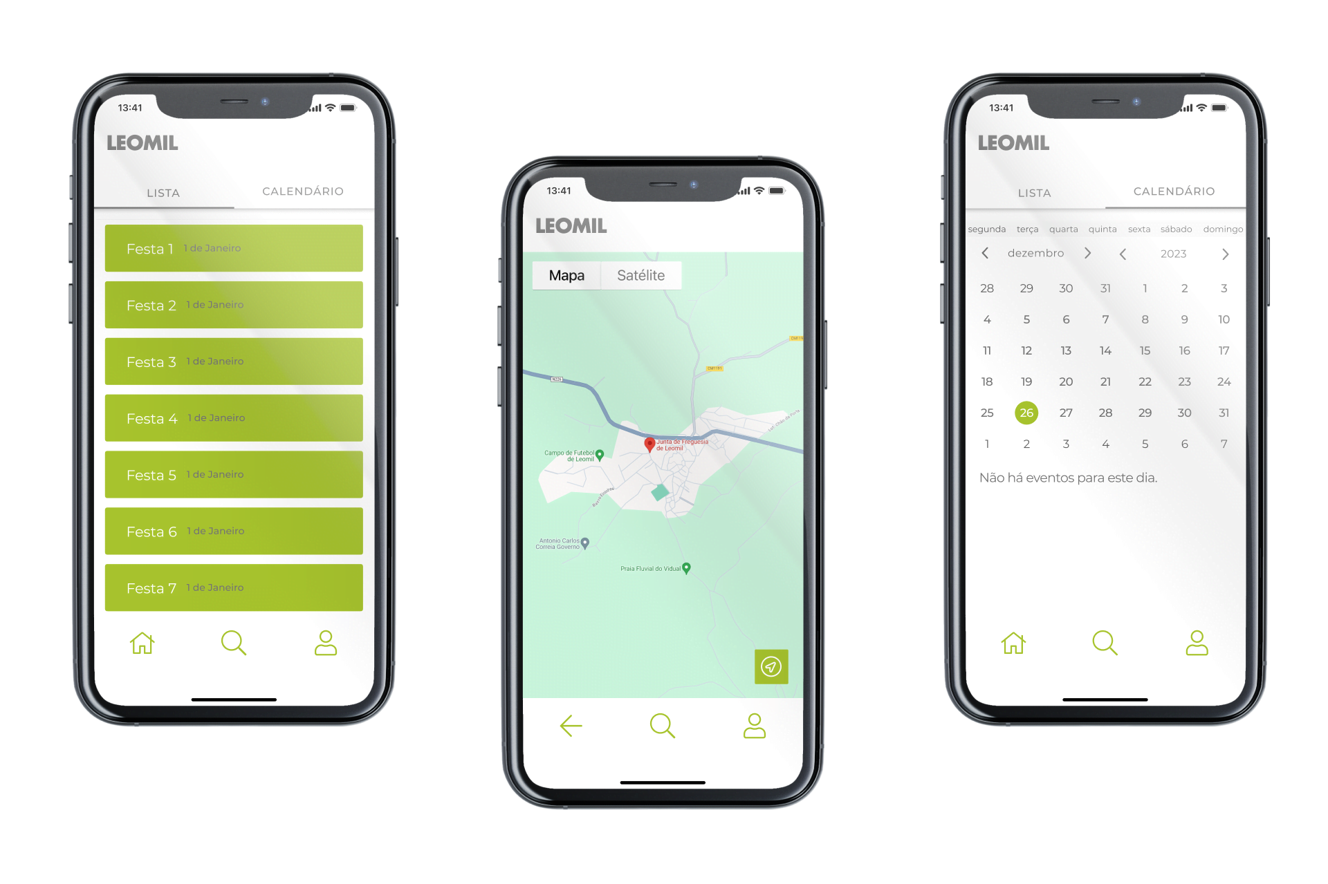Ecrã Eventos, Mapa e Calendário da App Descobrir Leomil