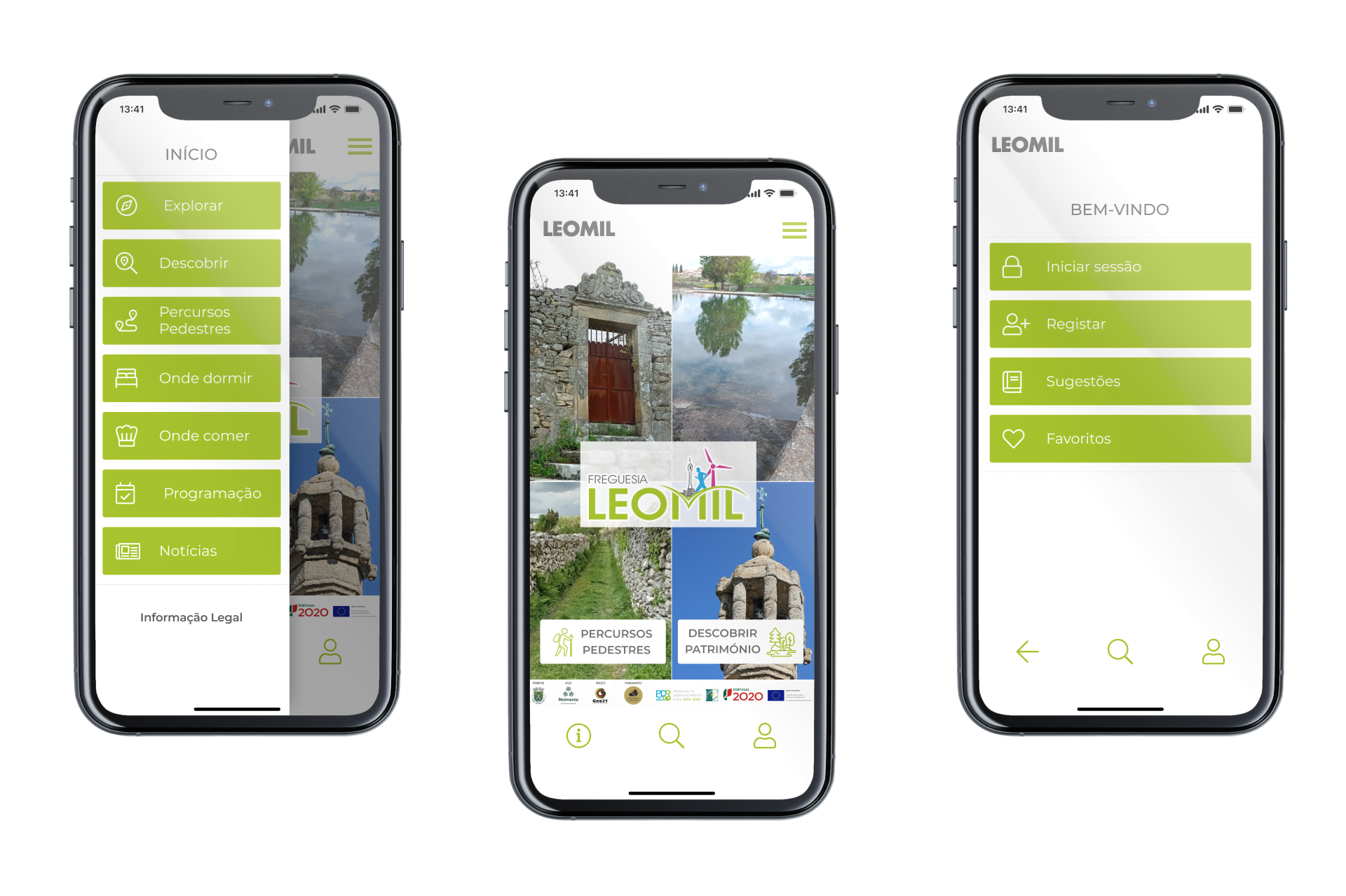 Ecrã Home, Menu e Bem-vindo da App Descobrir Leomil