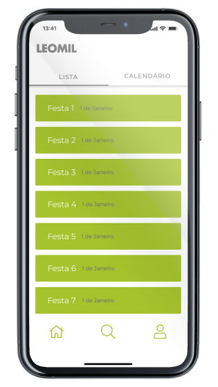 Ecrã Eventos da App Leomil