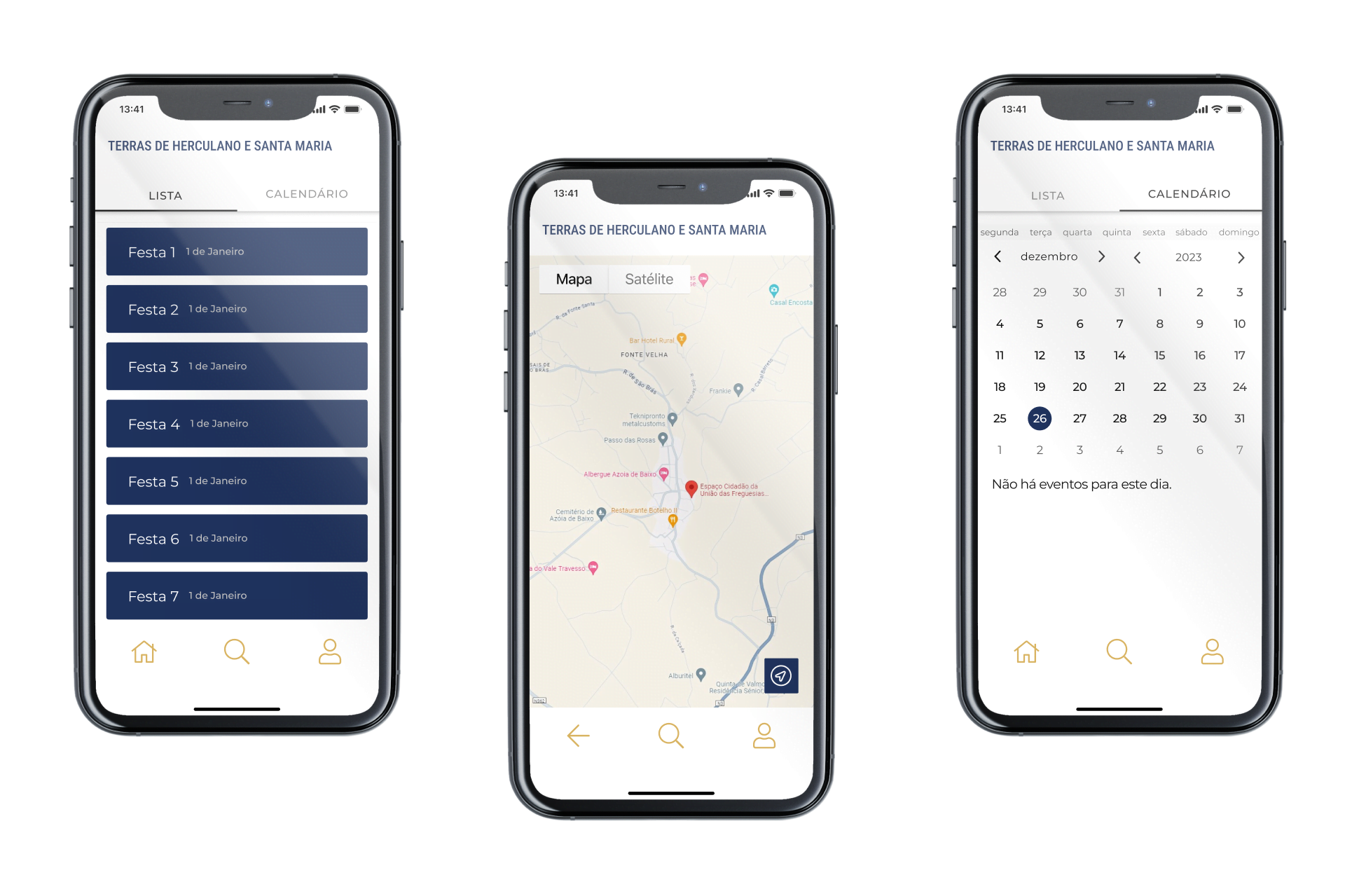 Ecrã Eventos, Mapa e Calendário da App Terras de Herculano e Santa Maria