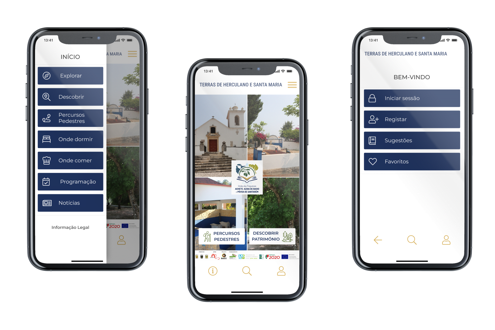 Ecrã Home, Menu e Bem-vindo da App Terras de Herculano e Santa Maria